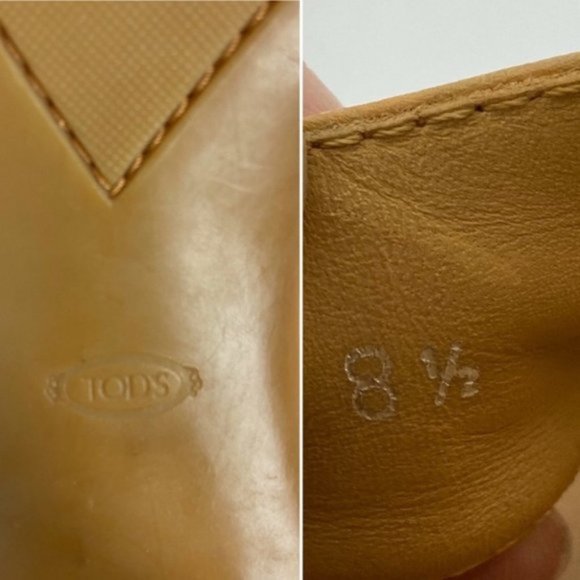 TODS Beige Tan Leather Classic Open Toe Heels Size 8.5 Wooden Block Heel Shoes - Picture 8 of 8